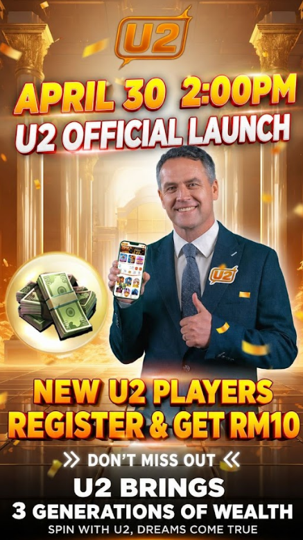 U2 official launch promotion banner offering RM10 instant registration reward for new players joining the platform